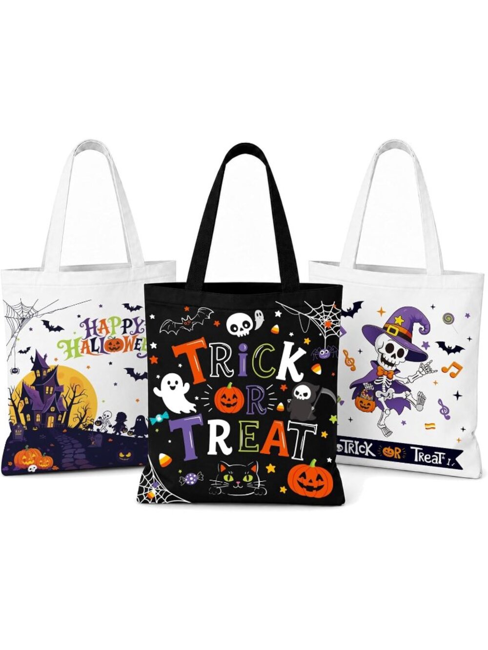 13.8" Halloween 3Pack Tote Bag Large Reusable Canvas Trick Treat Bags Halloween